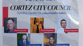 Front and back of a campaign mailer sent to Cortez voters ahead of the April 7 city council election. The postcard features multiple candidates and was distributed through bulk mail but does not appear to include a visible “paid for by” disclosure identifying who funded or authorized it.