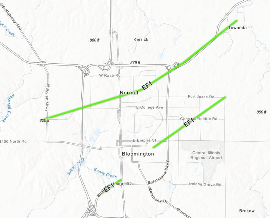 A map of three tornado tracks in Bloomington Normal