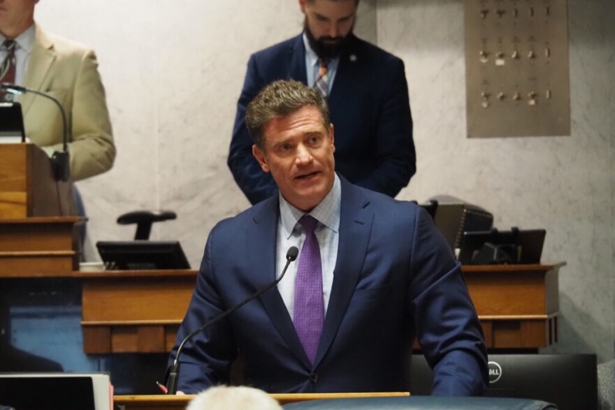 Sen. Chris Garten, R-Charlestown, defends a bill limiting governor-called states of emergency during session on Monday, Jan. 22, 2024.