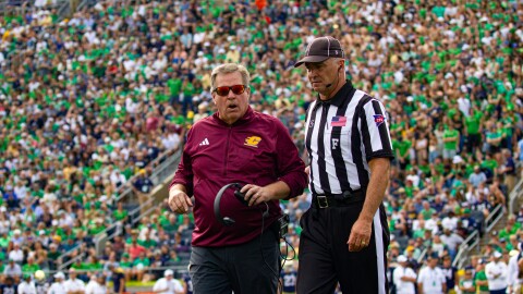 Central Michigan University football coach Jim McElwain at Notre Dame stadium on Sept. 16, 2023.