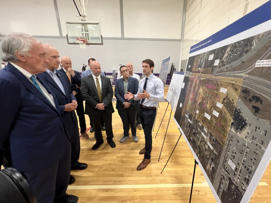 U.S. Sen. Ed Markey, left, visited Bourne for an update on the Cape Cod bridges replacement project. With him, from left, are U.S. Rep. Bill Keating, Highway Administrator Jonathan Gulliver, Transportation Secretary Monica Tibbits-Nutt, and Project Manager Bryan Cordeiro.