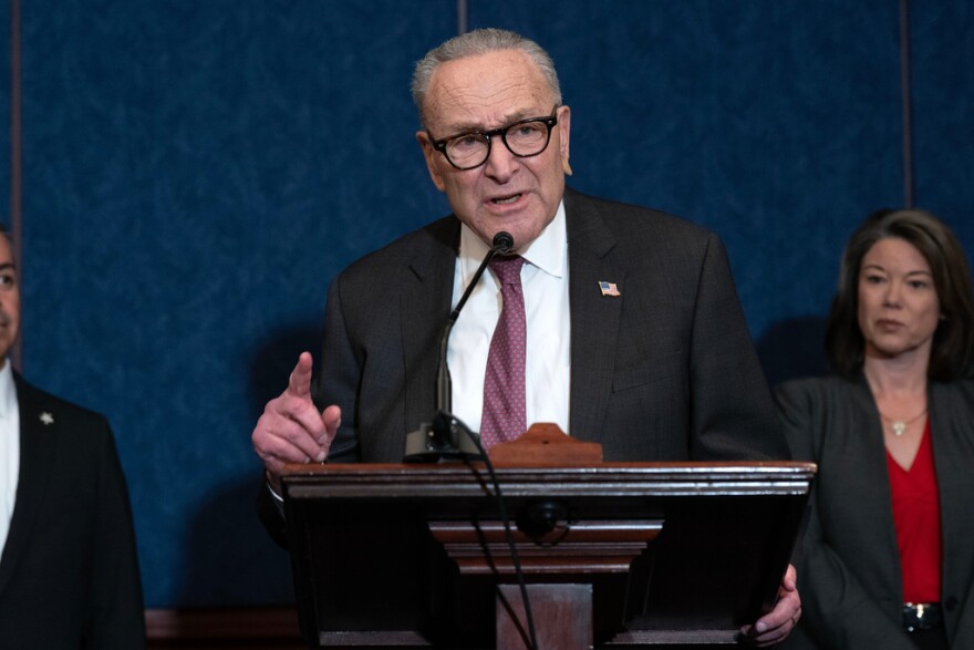 Senate Minority Leader Chuck Schumer, D-N.Y., flanked by Rep. Angie Craig, D-Minn., right, speaks during a news conference on legislation to reverse SNAP cuts on Capitol Hill, Thursday, Nov. 20, 2025, in Washington.