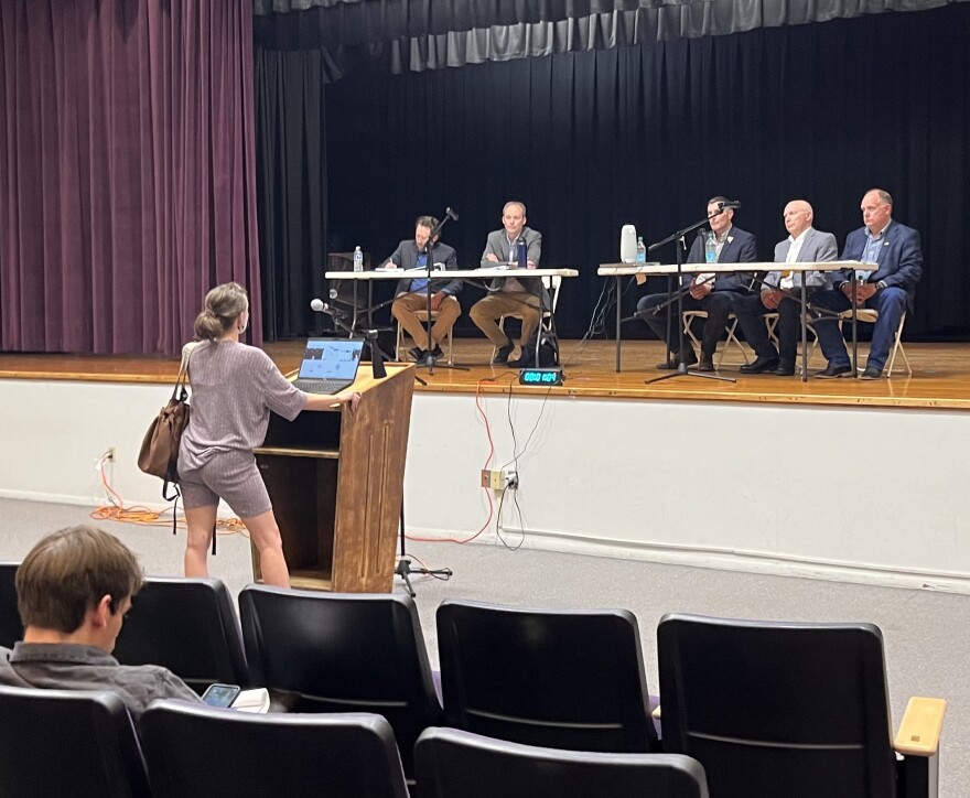 A Laurel residents speaks to state attorneys and Yellowstone County Commissioners at a public hearing Thursday night.