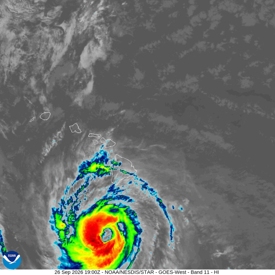 Enhanced satellite imagery of Hurricane Nolo near the Hawaiian Islands on Saturday, Sept. 26, 2026.