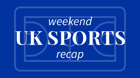 Blue background with clipart of basketball court lines. Text in white reads: UK Sports Weekend Recap