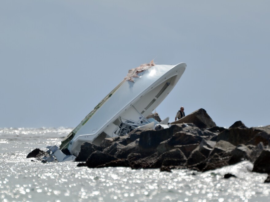 An image from Sunday morning of the boat that crashed into a jetty off Miami Beach, killing three people including Miami Marlins pitcher José Fernández.