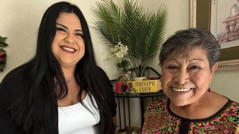 Josefina Linares (left), a care manager with the social services provider Titanium Healthcare, helps Medicaid patient Lucy Rodriguez manage her medical appointments and chronic diseases, and even helps pick up boxes of fresh fruits and vegetables.