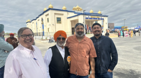 Tim Ashlock, left, manager of Buena Vista Water Storage District, joins farmer Paramjit Dosanjh, Jeevan Muhar, manager of Arvin-Edison Water Storage District and Daniel Maldonado, then assistant director of the Bakersfield Water Resources Department, at a temple dedication ceremony in March 2025.