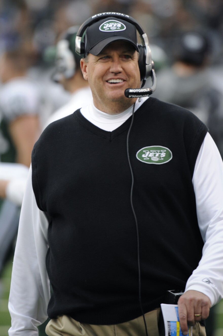 New York Jets coach Rex Ryan in happier times, as he watches from the sideline during the first quarter of an NFL football game between the Buffalo Bills and the Jets.