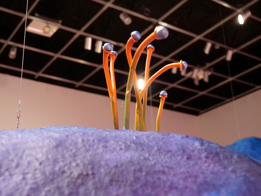 Thin, orange wisps appear to grow out of an indigo boulder, resembling a strange mushroom, algae beneath the ocean, or something growing on an alien planet. 