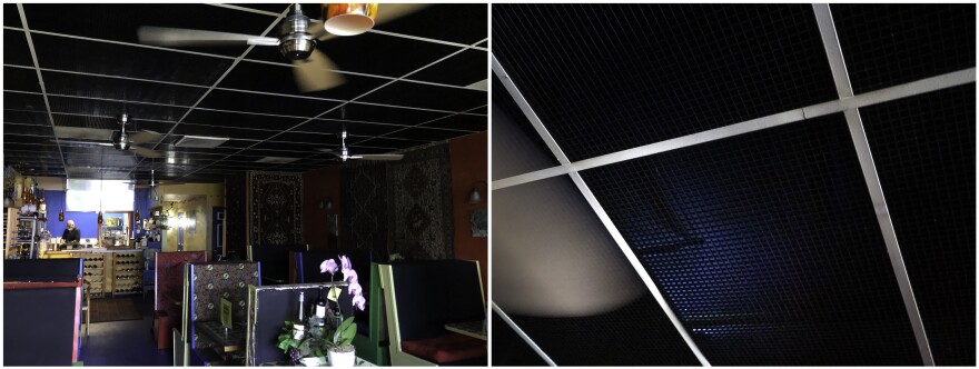Left: The inside of Marlaina's Mediterranean Kitchen, a Seattle-area eatery. Right: The faint blue glow of ultraviolet fixtures mounted above the restaurant's ceiling panels create a "killing zone" that can wipe out viral aerosols that build up in the air. Some experts are calling for wider adoption of UV light to help disinfect the air in indoor settings.