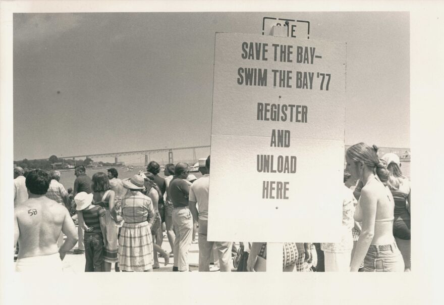 Swimmers and spectators gathered in Jamestown for Save the Bay’s 1977 swim.