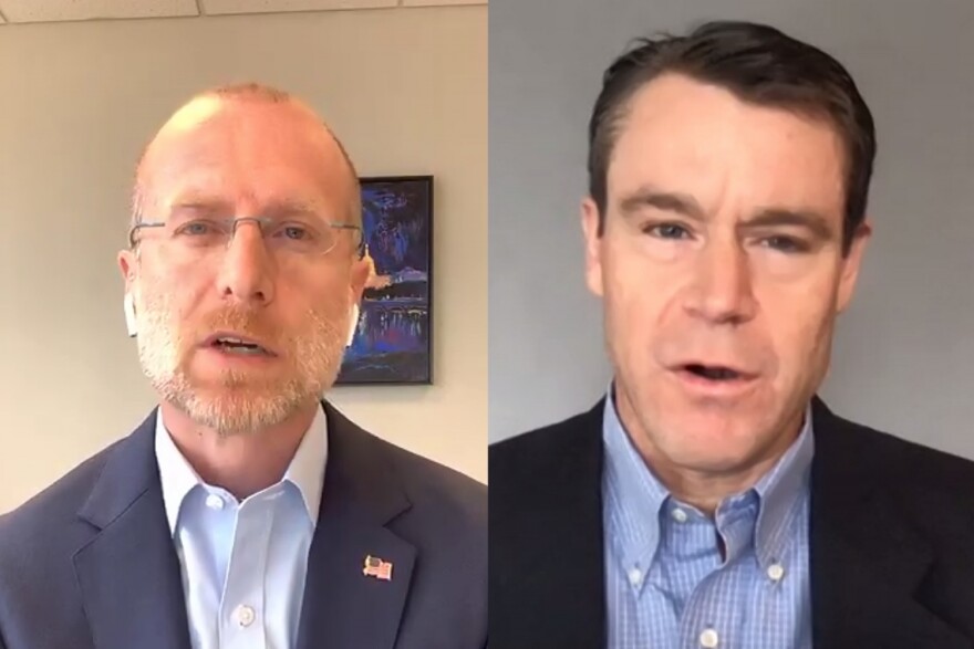 FCC Commissioner Brendan Carr, left, and U.S. Sen. Todd Young (R-Ind.) hold a video press conference to discuss expanded telehealth funding in the federal CARES Act.