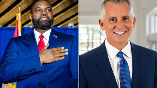 Side-by-side photos of Florida gubernatorial candidates Byron Donalds and David Jolly. Left: Black man with a blue suit with his hand over his heart. Right: Man with graying hair, blue suit, smiling into the camera