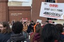 Students, alumni, and community members gather outside of the Wexner Center for the Arts to demand Wexner's name be removed from all campus buildings.