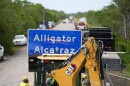 FILE - A loader holds a sign reading "Alligator Alcatraz" in its bucket as workers install it at the entrance to a new migrant detention facility at Dade-Collier Training and Transition facility, July 3, 2025, in Ochopee, Fla. (AP Photo/Rebecca Blackwell)