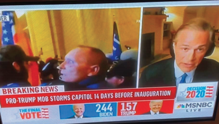 A screenshot of MSNBC footage showing Henry Muntzer in the U.S. Capitol on Jan. 6, 2021.