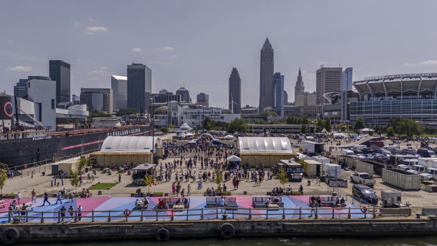 A photo documents Downtown Cleveland lakefront activities organized in 2025 by the nonprofit North Coast Waterfront Development Corp. to activate the area identified for future parks and development projects.