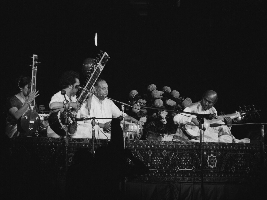 Ravi Shankar performing with Kamala Chakravarty, Alla Rakha and Ali Akbar Khan at the Concert for Bangladesh in 1971.