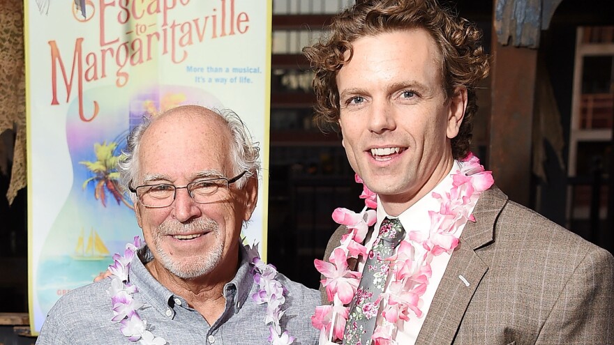 Jimmy Buffett and actor Paul Alexander Nolan at the <em>Escape To Margaritaville</em> send-off party in New York City in Sept. 2017.