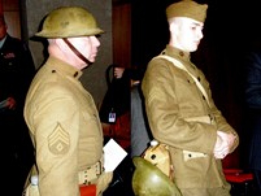 In preserved WWI uniforms, (L) LTC Edwin Kennedy, US Army ( ret), Leavenworth, Ks. (R) Sgt Reed Rupp, US Army Reserves, Tonganoxie, Ks.