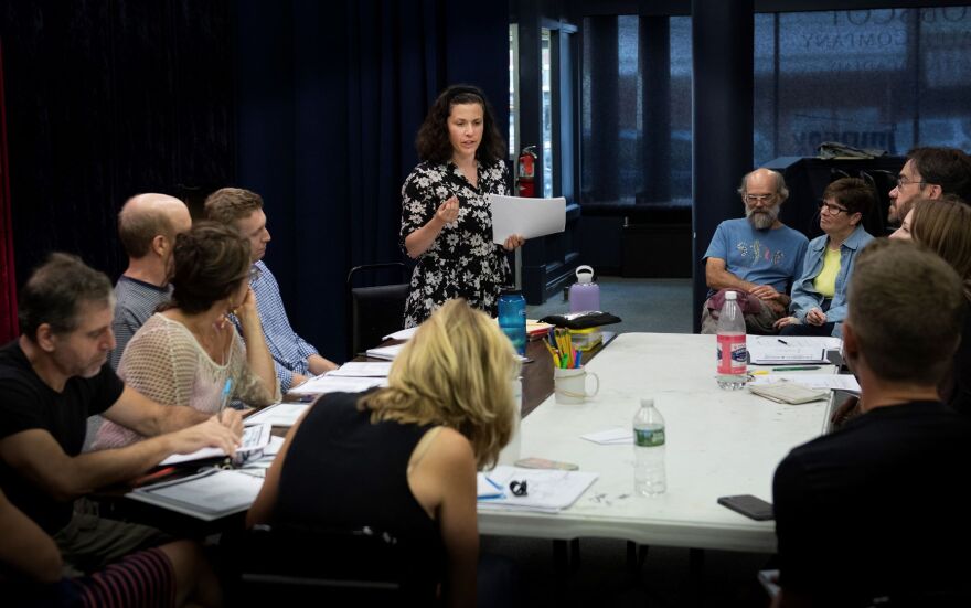 Bari Newport addresses her cast at the table reading for Penobscot Theatre Co.’s “The Graduate."