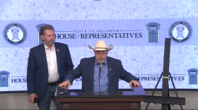 Rep. Kevin McDugle, left, and Rep. Justin Humphrey speak on behalf of death row inmate Phillip Hancock at a press conference on Oct. 19, 2023. They were joined by former parole board member Adam Luck and Hancock's legal team.