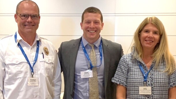 Gathered after a session at the Nantucket Summit were Nantucket Fire Chief Michael Cranson, Dr. Adam Kaye of Nantucket Cottage Hospital, and Amy Lee, president and COO of Nantucket Cottage Hospital.