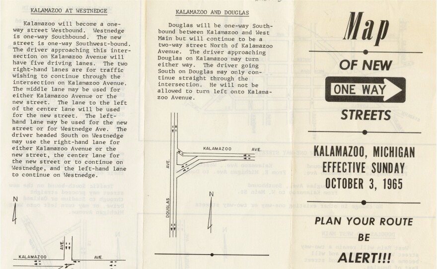 Pamphlet from 1965 announcing that several Kalamazoo streets will be one-way.