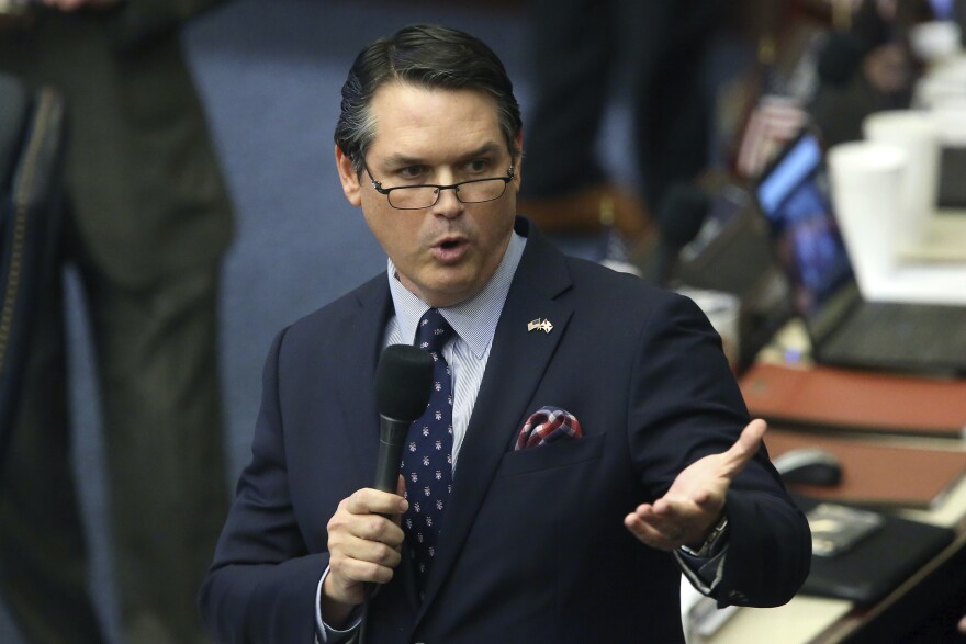 Rep. Cord Byrd, R-Neptune Beach, makes his closing remarks on his sponsored E-verify bill during session Tuesday March 10, 2020, in Tallahassee, Fla.