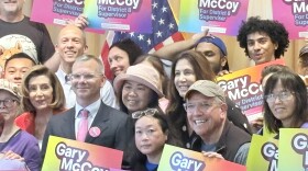 Candidate Gary McCoy stands next to supporters, including Nancy Pelosi, Connie Chan, and Matt Dorsey