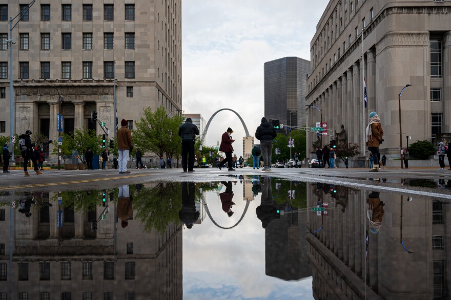 A few dozen activists on Tuesday, April 20, 2021 blocked the intersection of Tucker Boulevard and Market Street in downtown St. Louis to demonstrate in reaction to the guilty verdict rendered against Derek Chauvin, who was found guilty of all three counts he faced over the death of George Floyd.