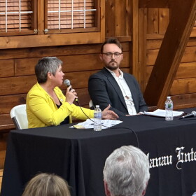 Incumbent state Rep. Betsy Coffia, D-Traverse City, debates Republican nominee Edwin Dean at the 2026 Cherry Capital Debate to represent Michigan’s 103rd state House District. (Photo: David Dodman)