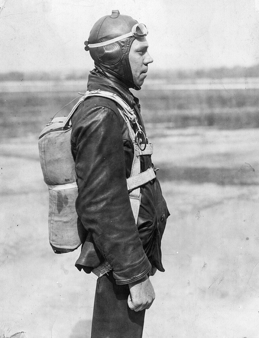James Floyd Smith wears the parachute he developed at McCook Field.