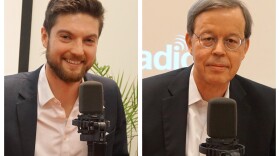 Benjamin Singer (at left), communications director for Clean Missouri, spoke in favor of Amendment 1 during St. Louis Public Radio's Oct. 24 ballot issues forum. Former U.S. Senator Jim Talent, chairman of Missourians First, spoke in opposition.