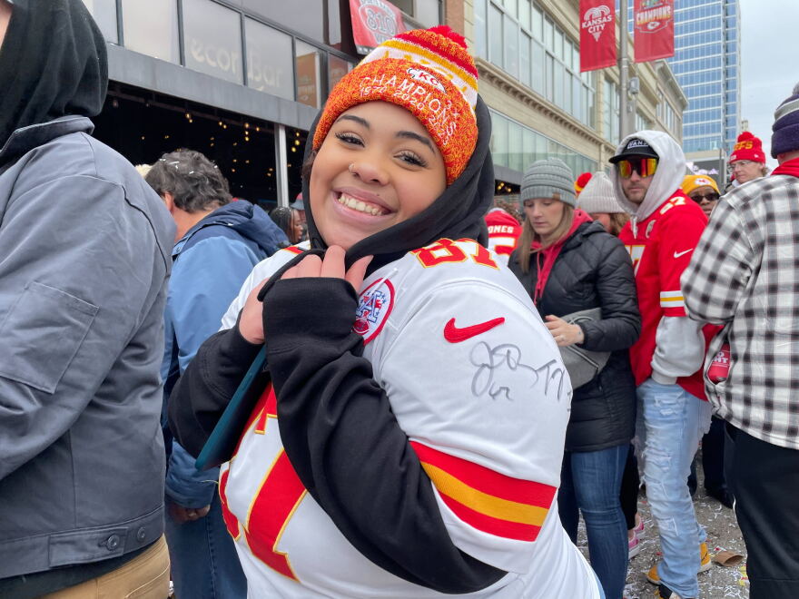 Miara Mahan was standing by the barricade near recordBar wearing the jersey of Travis Kelce, and one of the Chiefs linebackers signed her sleeve during the parade on Feb. 15, 2023.
