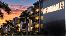 Illustration of apartment buildings with lighting over it that says "Affordable?"