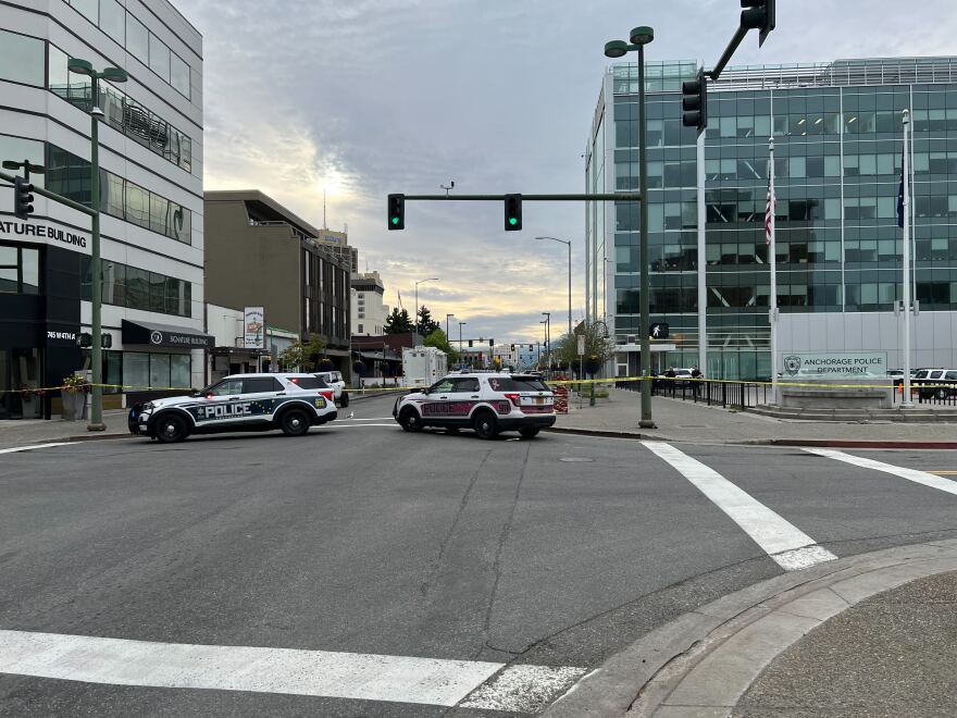 An Anchorage police cordon along West 4th Avenue
