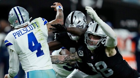 Las Vegas Raiders defensive end Maxx Crosby and Raiders linebacker Jamin Davis puts pressure on Dallas Cowboys quarterback Dak Prescott (4) during the first half of an NFL football game Monday, Nov. 17, 2025, in Las Vegas.