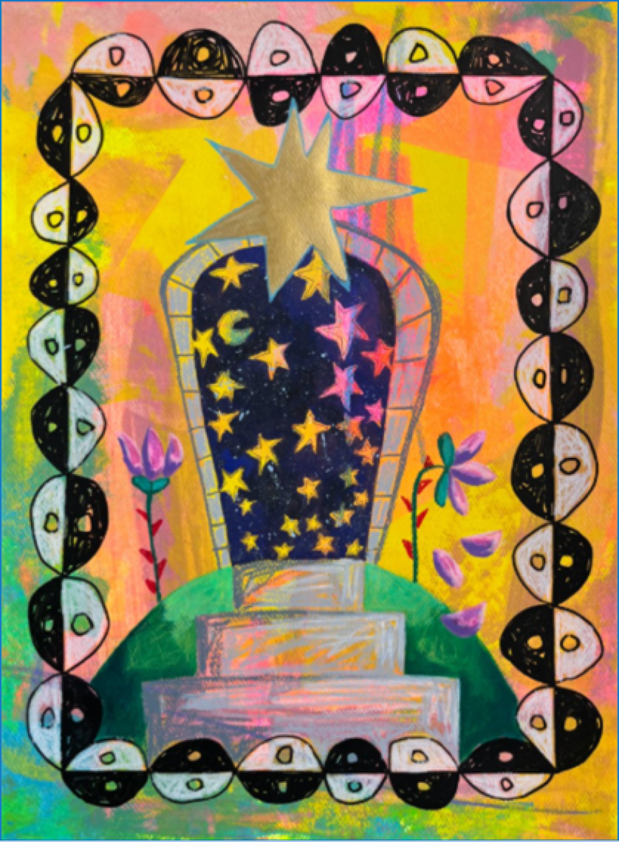 Colorful abstract artwork featuring a central star-topped vessel filled with stars, surrounded by a patterned border of black-and-white circular shapes on a vibrant multicolored background.