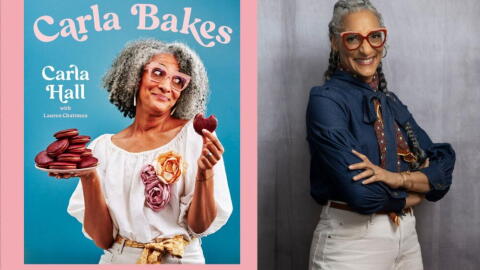 The cover of "Carla Bakes" and author Carla Hall. (Courtesy of 4 Color Books and Marvin Joseph)