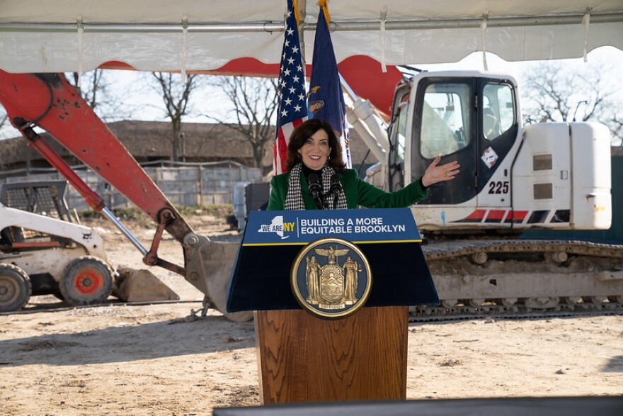 Gov. Kathy Hochul speaks at the groundbreaking for a new affordable housing project in Brooklyn on Dec. 19, 2022.