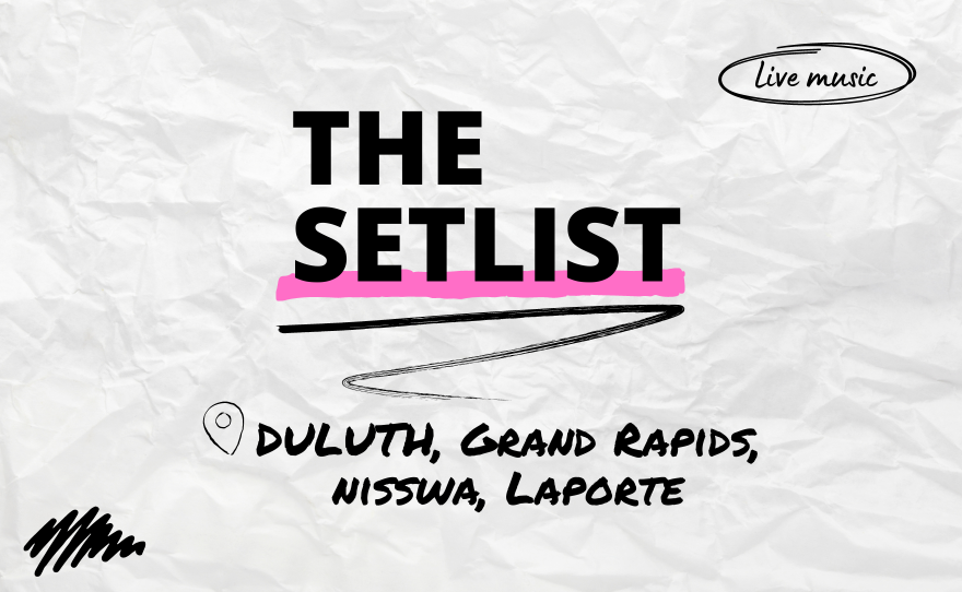 "The Setlist" and "Duluth, Grand Rapids, Nisswa, Laporte" over a crumpled paper background.