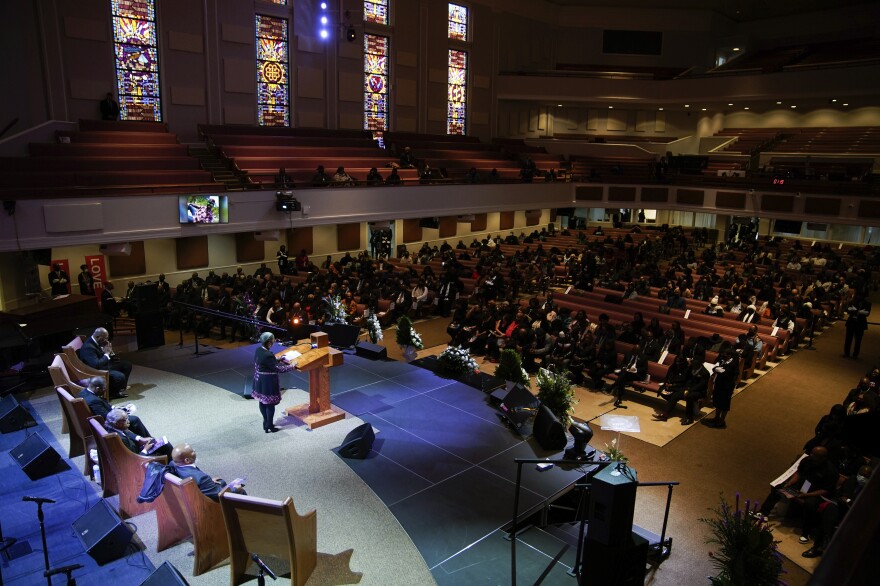 The Rev. Rosalyn Nichols speaks during the funeral service for Tyre Nichols at Mississippi Boulevard Christian Church in Memphis, Tenn., on Wednesday.