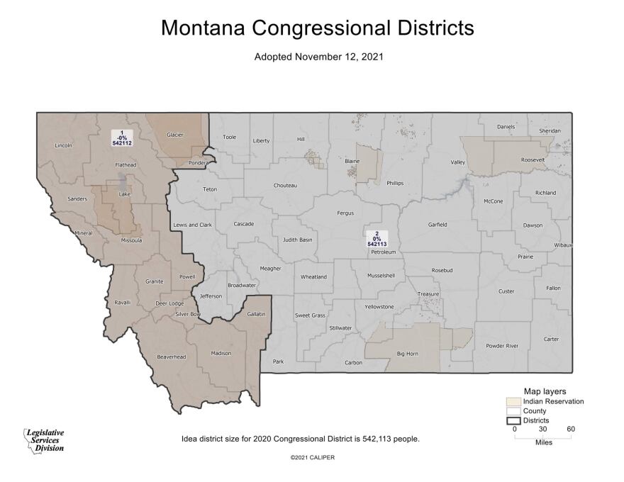  Montanan's final congressional district map, adopted Nov. 12, 2021.