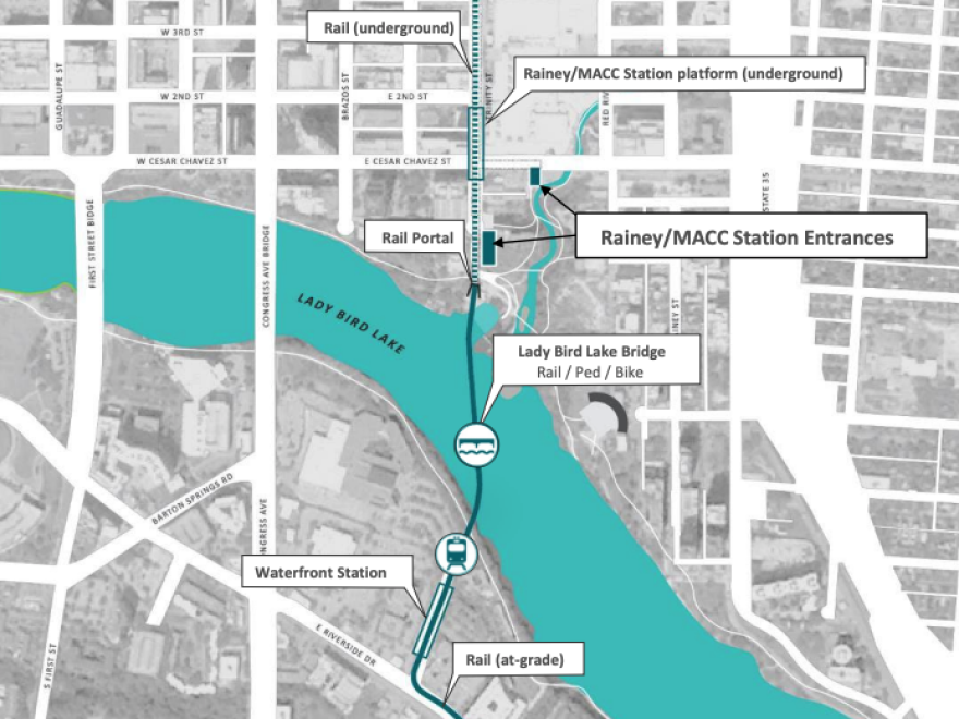 A map showing where the Lady Bird Lake Bridge would cross