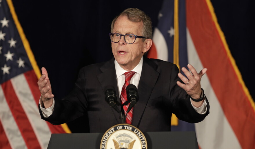 Mike DeWine speaks at the Mansfield Lahm Regional Airport, Wednesday, Oct. 31, 2018, in Mansfield, Ohio.