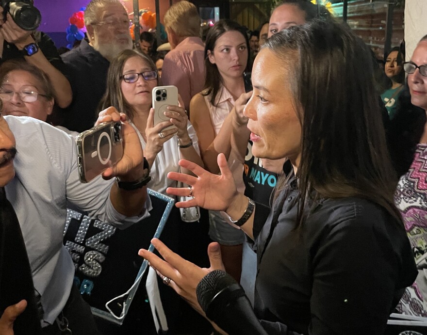 Gina Ortiz Jones speaks to the press on Saturday, June 7, 2025, after her victory.