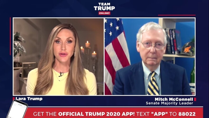 Lara Trump, the president's daughter-in-law and a campaign adviser, speaks to Senate Majority Leader Mitch McConnell, R-Ky., during a campaign webcast on May 11.