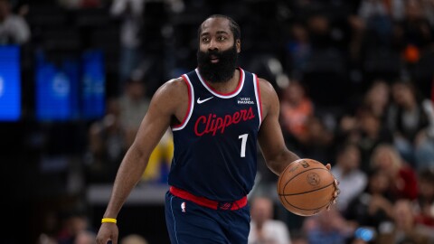 Los Angeles Clippers guard James Harden (1) dribbles during the second half of an NBA basketball game against the Washington Wizards Wednesday, Jan. 14, 2026, in Inglewood, Calif.